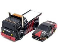 Muscle Machines Flatbed Truck #25 Black and Red and 1983-85 Trueno Sprinter (AE86) #25 Black and Red Livery Muscle Transports Series 1/64 Diecast Models 11557RD