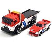 Muscle Machines Flatbed Truck #46 Red and White with Blue Stripes and 1972 240Z #46 Red and White with Blue Stripes Muscle Transports Series 1/64 Diecast Models 11553WH