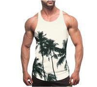 Muscle Vests for Men UK Summer Thin Strap Leakage Back Tank Tops Hawaiian Printed Round Neck Vest Tops Casual Loose Comforty Fitness Tank Tops Classic Beach Holiday Running Vest Tops S-4XL Clearance