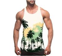 Muscle Vests for Men UK Summer Thin Strap Leakage Back Tank Tops Hawaiian Printed Round Neck Vest Tops Casual Loose Comforty Fitness Tank Tops Classic Beach Holiday Running Vest Tops S-4XL Clearance