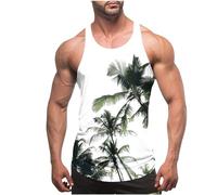 Muscle Vests for Men UK Summer Thin Strap Leakage Back Tank Tops Hawaiian Printed Round Neck Vest Tops Casual Loose Comforty Fitness Tank Tops Classic Beach Holiday Running Vest Tops S-4XL Clearance
