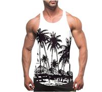 Muscle Vests for Men UK Summer Thin Strap Leakage Back Tank Tops Hawaiian Printed Round Neck Vest Tops Casual Loose Comforty Fitness Tank Tops Classic Beach Holiday Running Vest Tops S-4XL Clearance