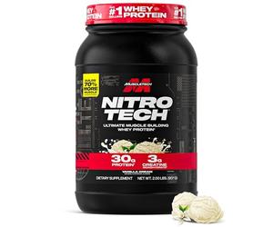 MuscleTech NitroTech Whey Protein Powder, Muscle Maintenance & Growth, Whey Isolate Protein Powder With 3g Creatine, Protein Shake For Men & Women, 6.8g BCAA, 20 Servings, 908g, Vanilla