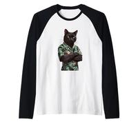 Muscular Black Cat Wearing a Cool hawaiian Tee Summer Gym Raglan Baseball Tee