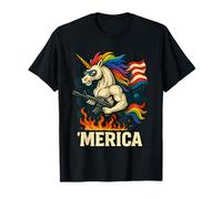 Muscular Rainbow Unicorn with Sunglasses and Flames America T-Shirt