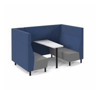Muse 4 person fabric booth with white table, black legs and upholstered in grey seats with blue backs and infill
