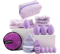 musejoy Spa Washing Face Headband And Wristband Set Makeup Sponge Triangle Powder Puff Paw Beauty Blender Mini Sponges For Foundation Reusable Makeup Remover Pads 21PCS(Purple)