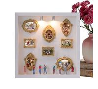 Museum Exhibition - Miniature Gallery Shelf, Glowing Portrait Holder, Eight Figures Statuettes, Creative Artistic Hardware, White Rectangular Storage Bedroom Hallway Wedding Memory