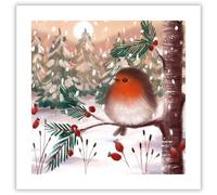 Museums & Galleries Christmas Cards Pack of 8 - Robin on a Winter Branch Design - Festive Christmas Cards Multipack