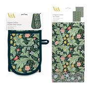 Museums & Galleries Double Oven Glove and Tea Towel Set - Organic Cotton - 'Leicester Wallpaper' - V&A Museum Artistic Botanical Design - Stylish Kitchenware