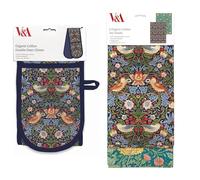 Museums & Galleries Double Oven Glove and Tea Towel Set - Organic Cotton - William Morris 'Strawberry Thief' - Artistic Botanical Design - Stylish Kitchenware