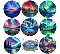 Musevial 8 PCS Diamond Art Coaster Kit - 5D Round Full Drill Painting Set for Adults and Beginners - Aurora DIY Arts and Crafts Gifts