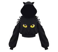 MUSHEN Women's Cute Cat Ear Crop Top Halloween Hoodie Off Shoulder Hollow Out Long Sleeve Punk Gothic Sweatshirts for Teen Girl (Eyes Printing, XL)