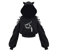 MUSHEN Women's Cute Cat Ear Crop Top Halloween Hoodie Off Shoulder Hollow Out Long Sleeve Punk Gothic Sweatshirts for Teen Girl (Little Cat Printing, XL)