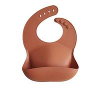 Mushie Baby Silicone Bib | Adjustable Fit Waterproof Bibs | Easy Wipe Baby Feeding Bibs | 4 Adjustable Sizes with Deep Front Pockets | 100% BPA and Phthalate Free (Clay)