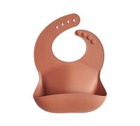 Mushie Baby Silicone Bib | Adjustable Fit Waterproof Bibs | Easy Wipe Baby Feeding Bibs | 4 Adjustable Sizes with Deep Front Pockets | 100% BPA and Phthalate Free (Clay)