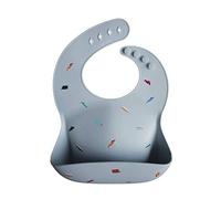 mushie Baby Silicone Bib | Adjustable Fit Waterproof Bibs | Easy Wipe Baby Feeding Bibs | 4 Adjustable Sizes with Deep Front Pockets | 100% BPA and Phthalate Free (Retro Cars)