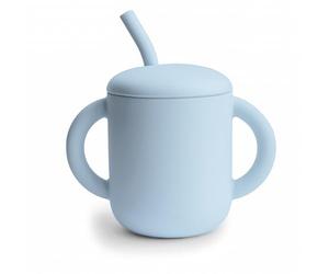 Mushie Silicone Training Cup + Straw | Baby Sippy Cup with Straw 6+ Months First Cup | Capacity: 175 mL | Removable Lid | Material: Food Grade Silicone | Dishwasher & Microwave Safe (Powder Blue)