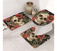 Mushroom And Skeleton Gothic Garden Bathroom Rugs Sets 3 Piece, Soft Absorbent Memory Foam Bath Mats And U Shaped Contour Toilet Rug, Home Decoration, Quick Dry