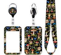 Mushroom Badge Reel with Black ID Card Holder Lanyard Buttrerfly Heavy Duty Retractable ID Badge Holder Reel Clip Cute Kids Lanyard ID Holder for Keys Name Tag, for Office Nurses Staff & School ID
