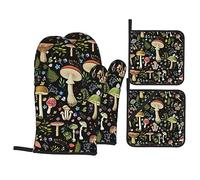 Mushroom Black Oven Mitts and Pot Holders Sets of 4 Heat Resistant Non-Slip Potholders Oven Gloves and Pad Gifts for Baking Cooking Kitchen Decor Accessory Grilling Bbq
