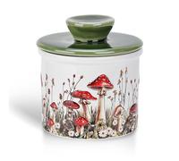 Mushroom Butter Crock - French Style Butter Keeper - Red and White Ceramic Butter Dish for Countertop - Storage Container for Spreadable Butter
