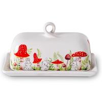Mushroom Butter Dish With Lid For Countertop Ceramic Butterdish Mushroom Kitchen Decoration Cute Butter Holder Covered Red Mushroom Rabbit Painting Butter Container Large Mantequillera Butter Tray