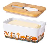Mushroom Butter Dish with Lid,Large Butter Crock Keeper Saver,Ceramic Butter Container for Countertop with Highly Sealed Silicone Thick Wooden Lid for Kitchen Farmhouse Decor (White, Mushroom)