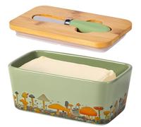 Mushroom Butter Dish with Lid,Large Butter Crock Keeper Saver,Ceramic Butter Container for Countertop with Highly Sealed Silicone Thick Wooden Lid for Kitchen Farmhouse Decor (Mint Green, Mushroom)