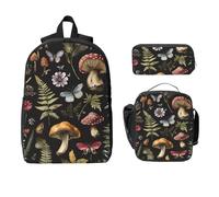 Mushroom Butterfly Backpack Set for Girls Boys with Lunch Bag Pencil Case Forest Flower Leaves 3 Pieces School Bags Insulated Lunchbox Gifts for Women Men