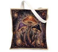 Mushroom Canvas Tote Bag for Women, Fanciful Nature Bottle Leaf Fall Violet Shopping Bag for Shopping Brunch Park Library Day Trips 13x15 Inch