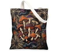 Mushroom Canvas Tote Bag for Women, Fanciful Nature-Inspired Spider Web Leaf Fall Orange Grocery Bag Ideas for Shopping Trips Office Library Casual 13x15 Inch