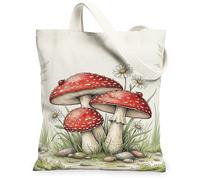 Mushroom Canvas Tote Bag for Women, Nature Fanciful Chrysanthemum Ladybug Spring Red Washable Reusable Aesthetic Tote Bag Ideas for Family Friends Colleagues Reading Loves 13x15 Inch