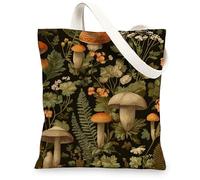 Mushroom Canvas Tote Bags, Floral Pattern Reusable Grocery Bags, Vintage Botanical Lightweight Washable Shoulder Strap Bags for Gym Travel Beach Picnic 13x15 Inch
