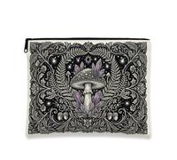 Mushroom Canvas with Zipper, Bohemian Fanciful Crystal Foliage Autumn Black Canvas with Zipper Travel Makeup Bag for Travel, Bathroom, Vanity Organizer and Purse Storage, Black, 7x9 Inch, Bohemian