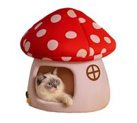 Mushroom Cat Bed, Soft Warm Cute Cartoon Mushroom Cow Shaped Cat House with Removable Cushion for Indoor Cats & Small Dogs, Bed with Pillow (Red, One Size)