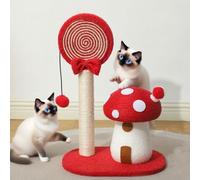 Mushroom Cat Scratching Post, Mushroom Cat Tree, 21.25 Tall Tower with Sisal Scratching Posts & Boards, Hanging Teasing Ball, Cute Cat Climbing Tower for Indoor Cats Large Adult (Red)