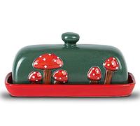 Mushroom Ceramic Covered Butter Dish Red Base Green Lid Plate with Handle