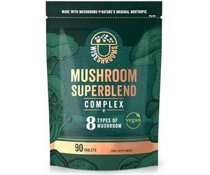 Mushroom Complex 1200mg | 8 Mushroom Blend with Lions Mane, Reishi, Chaga, Cordyceps, and More | High Strength Nootropic Brain Supplement | from Fruit Bodies | 90 Vegan Tablets | by Wiseshrooms