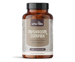 Mushroom Complex | 6 Mushrooms Supplement Blend with Lions Mane, Cordyceps, Reishi, Shiitake, Chaga and Maitake | 240 High Strength Vegan Capsules | with Vitamin C, Zinc & Black Pepper | Alpha Foods