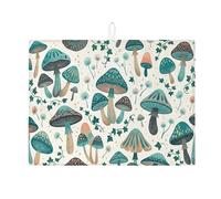 Mushroom Dish Drying Mats for Kitchen Counter, Teal Green Absorbent Dish Drainer Rack Mat, Spring Inspired Microfiber Drying Pad for Kitchen Coffee Bar 18x24 Inch
