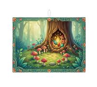 Mushroom Dish Drying Mats for Kitchen Counter, Vibrant Green Absorbent Dish Drainer Rack Mat, Spring Forest Microfiber Drying Pad for Kitchen Counter Protector 18x24 Inch