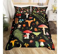 Mushroom Duvet Cover Lovely Cartoon Jungle Wild Plants Bedding Set for Kids Teens Adults Glitter Stars Outdoor Leaves Rustic Style Comforter Cover with 1 Pillowcase Single Size 2 Pcs