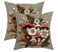 Mushroom Embroidered Throw Pillow Covers Set of 2, Beige Floral Decorative Cushions for Fall Home Decor, Cozy Rustic Cottage Style for Sofa Couch Bed 14x14 Inch