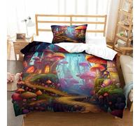 Mushroom Fairy Tale Forest Duvet Cover Sets,Fantasy Cabin 3D Pattern Bedding Set Soft Microfiber Quilt Cover 2pcs, Comforter Cover with Zipper Closure for Kids Teens Adults Single（135x200cm）