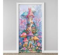 Mushroom Flowers 3D Door Stickers Self Adhesive, Colorful Fairy Tale Castle Wallpaper Peel and Stick, Kids Cartoon Door Murals, PVC Waterproof Door Decal for Bedroom Living Room 77x200 cm O4d101