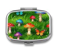 Mushroom Forest Green Pill Box 2 Compartments Portable Travel Pill Case Mini Medicine Organizer for Pocket Purse Metal Waterproof Medicine Container Holder Vitamin Fish Oil