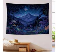 Mushroom Forest Mountains Tapestry, Fantasy Art Tapestry, Dark Blue Tapestries, Art Decor Tapestries Wall Hanging for Bedroom Living Room Office Home Party 150Lx100W