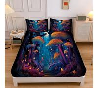 Mushroom Forest Single Fitted Sheet 30cm Extra Deep, Fantasy Art Washable Fitted Sheet, Soft Brushed Microfiber Breathable Bedding 90x190x30 cm, Dark Blue