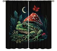 Mushroom Frog Curtain, Retro Fantasy Mushroom Butterfly Moon Blackout Curtains Drapes Window Cloth Bedroom Livingroom Decor 21" W x 54" L x2【Blackout】